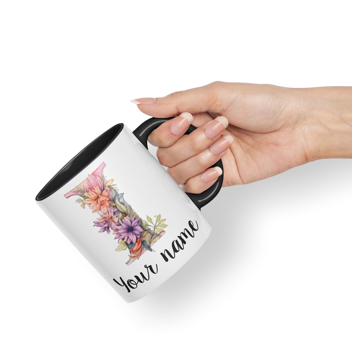 Personalised Letter I mug, Customized Custom Floral flowers butterfly Alphabet Letter I Monogram watercolour Ceramic Coloured Mug Cup for Tea Coffee Hot brew 330ml 11Oz Gift