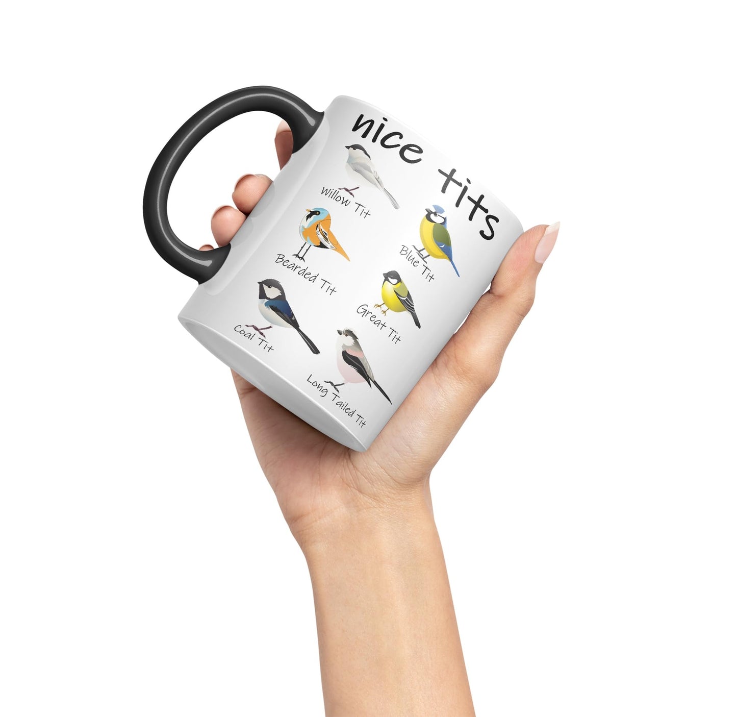 Nice Tits,Willow tit, Blue tit, Bearded tit, Great tit, Coal tit, Long Tailed tit, Sarcastic Joke Ceramic Coloured Mug Cup for Tea Coffee Hot Brew 330ml 11 OZ