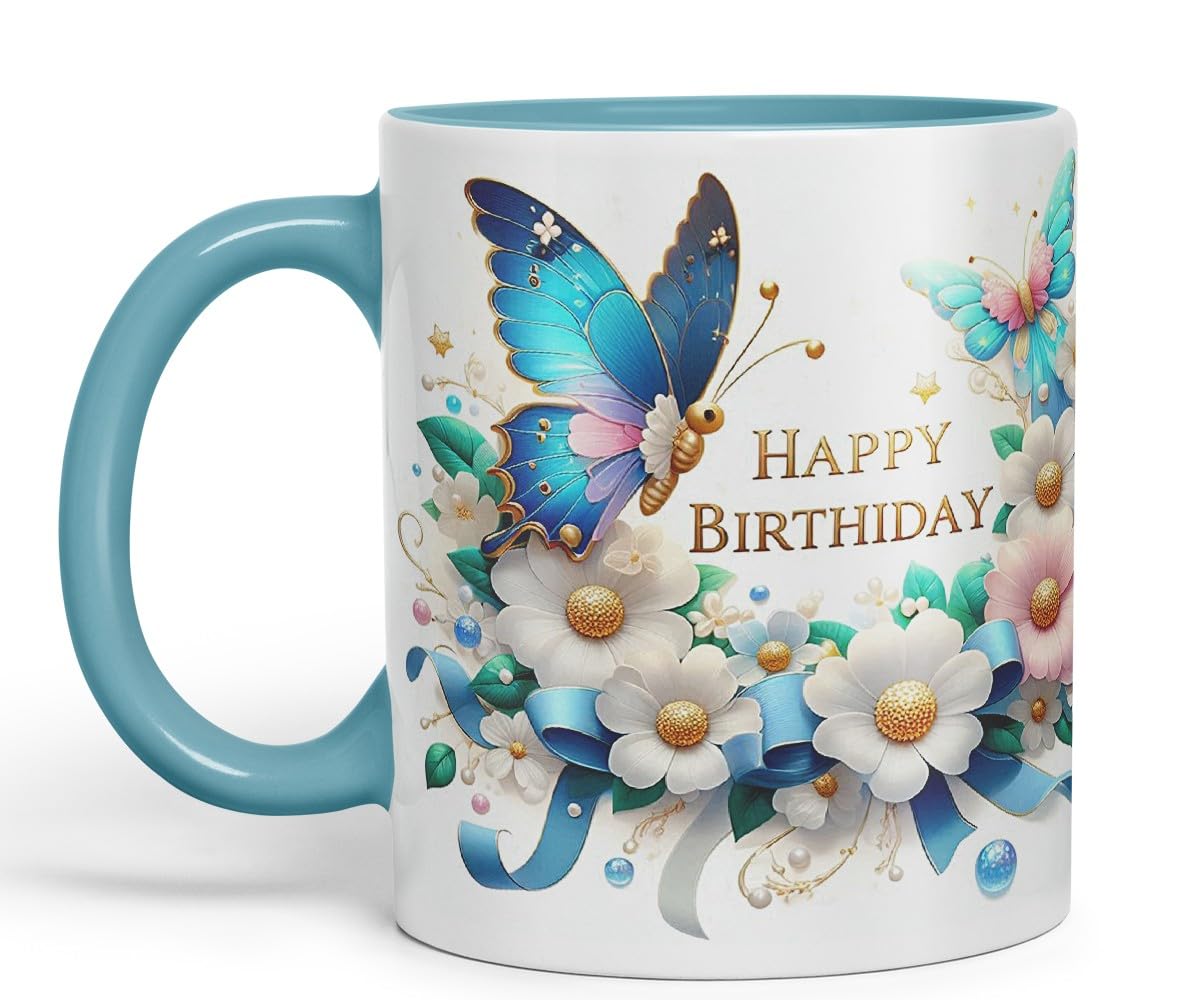 Vixar Happy Birthday Pearl Accents Butterflies Coloured Ceramic Mug Cup Gift 11oz V7 (Black)
