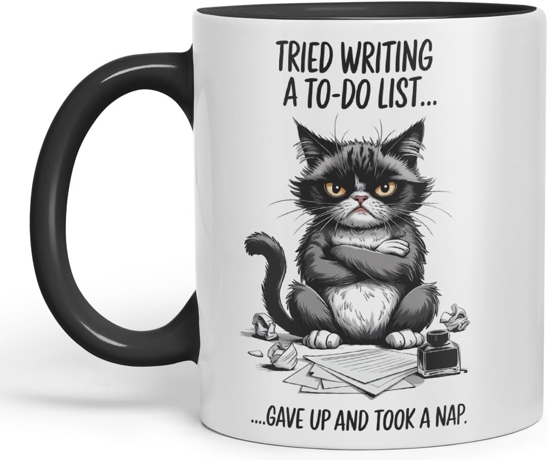 Vixar Tried Writing a to-Do List Sarcastic cat Coloured Ceramic Mug Cup Gift, 11oz (Black)