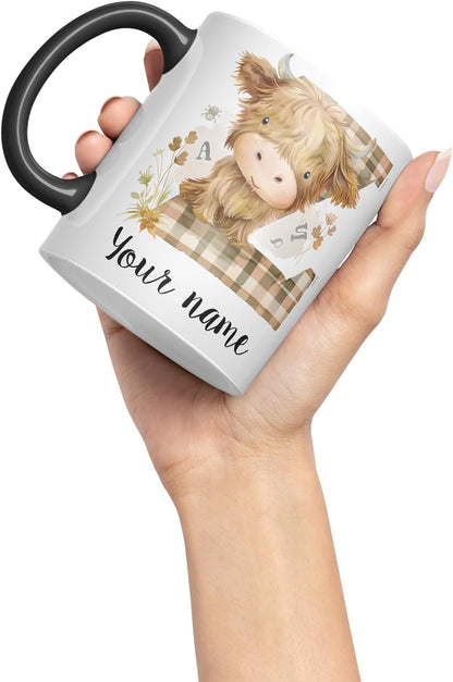 Vixar Personalised Highland Cow Initial Letter Z Custom Name Mug – Coloured Ceramic Mug Cup Gift, 11oz (Black)