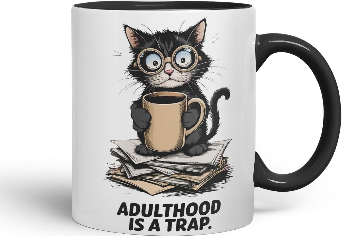 Vixar Adulthood is A Trap Cat Mug – Coloured Ceramic Mug Cup Gift, 11oz (Black)