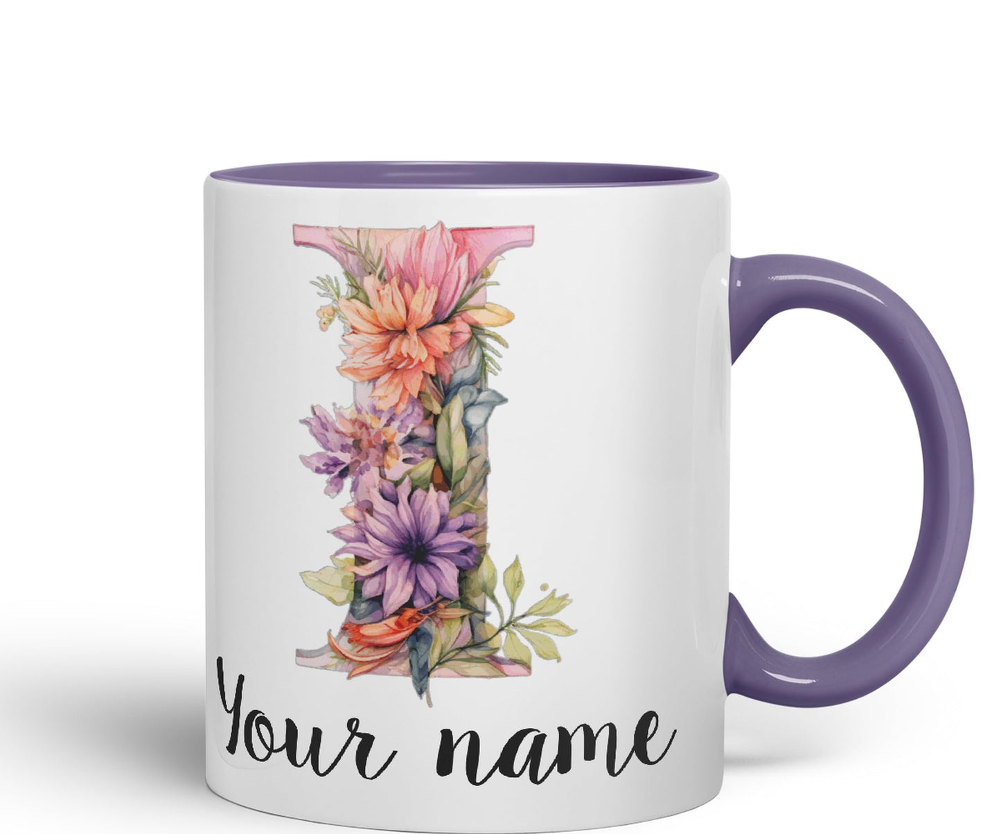 Personalised Letter I mug, Customized Custom Floral flowers butterfly Alphabet Letter I Monogram watercolour Ceramic Coloured Mug Cup for Tea Coffee Hot brew 330ml 11Oz Gift