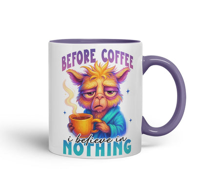 Vixar Before Coffee I Believe in Nothing Funny Llama Mug – Coloured Ceramic Mug Cup Gift, 11oz (Black)