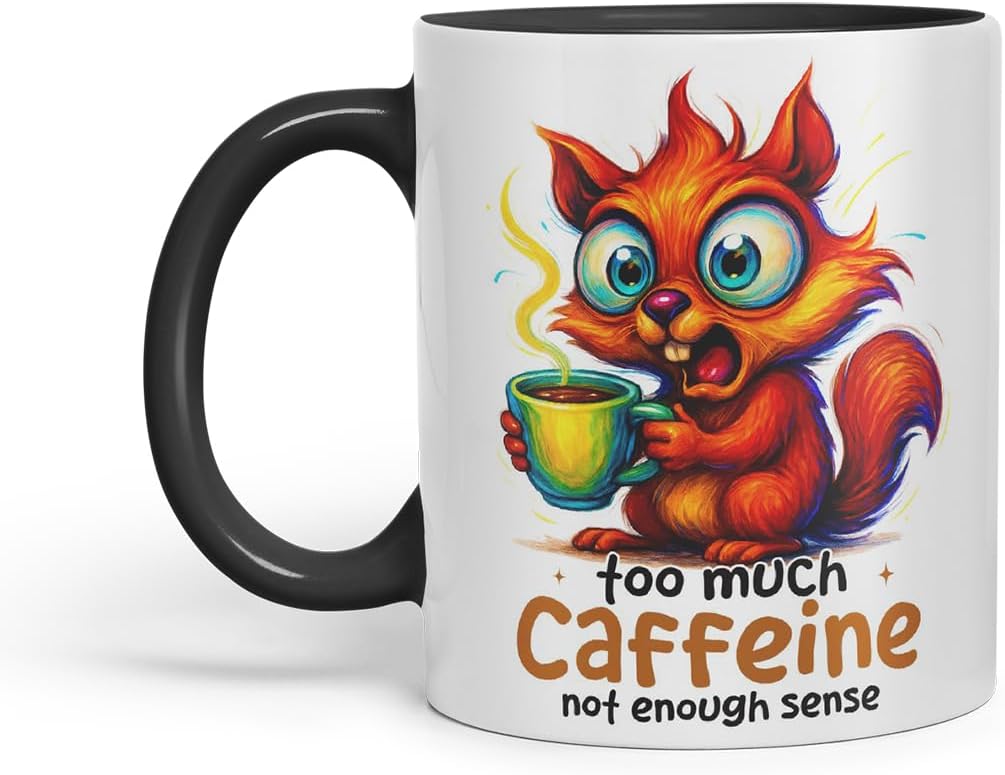 Vixar Too Much Caffeine Not Enough Sense Funny Squirrel Coffee Mug – Coloured Ceramic Mug Cup Gift, 11oz (Black)