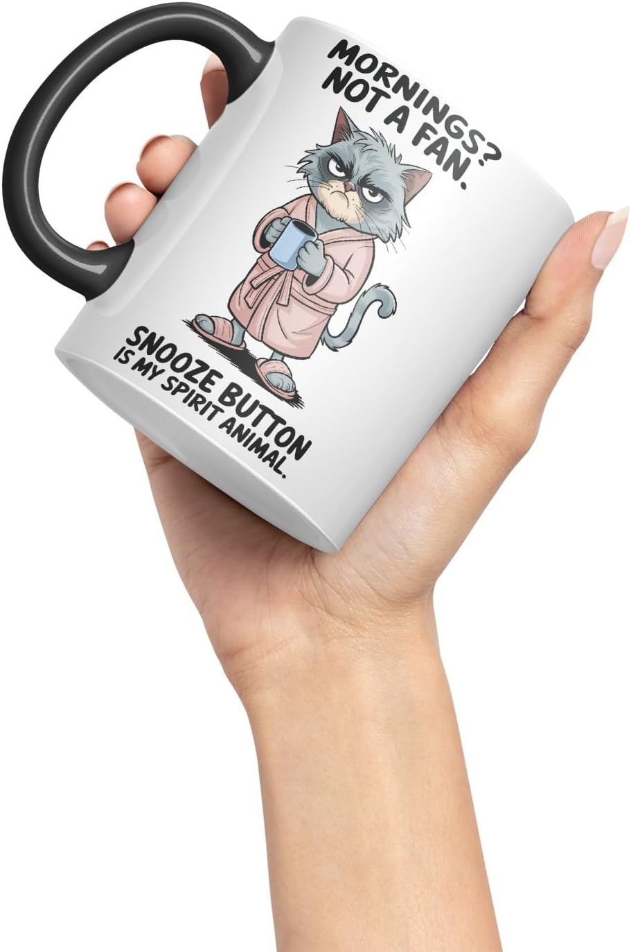 Vixar Mornings Not A Fan Snooze Button Cat Mug – Coloured Ceramic Mug Cup Gift, 11oz (Black)