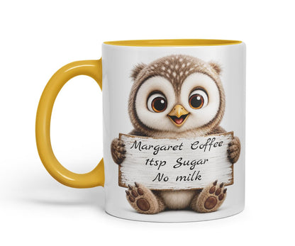 Vixar Personalised Owl Mug with Name or Custom Message – Cute Animal Coloured Ceramic Mug Cup Gift, 11oz (Black)