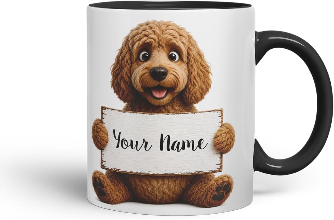 Vixar Personalised Cockapoo Dog Mug with Name or Custom Message – Cute Animal Coloured Ceramic Mug Cup Gift, 11oz (Black)