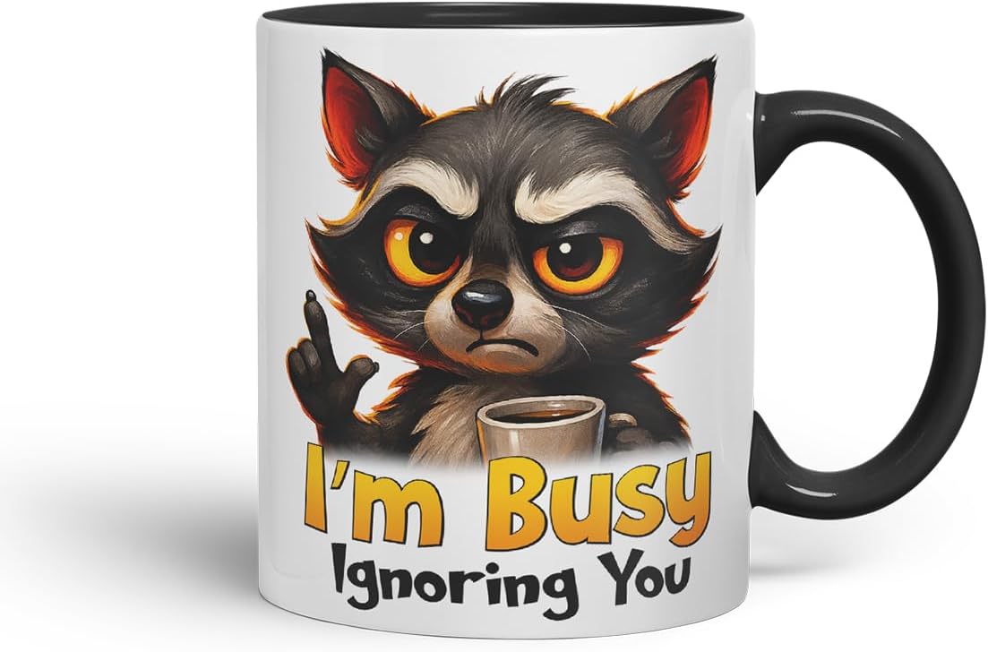 Vixar I'm Busy Ignoring You Sarcastic Raccoon – Coloured Ceramic Mug Cup Gift, 11oz (Black)