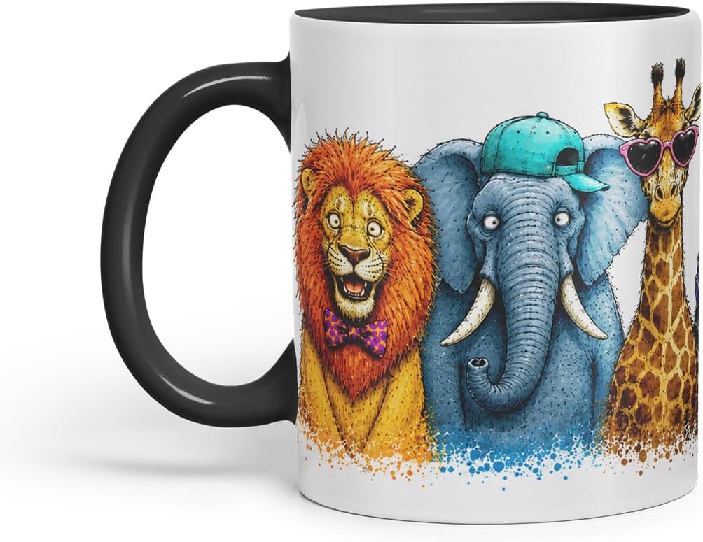Vixar Safari Animals Mug – Cute Safari Animals Coloured Ceramic Mug Cup Gift, 11oz (Black)