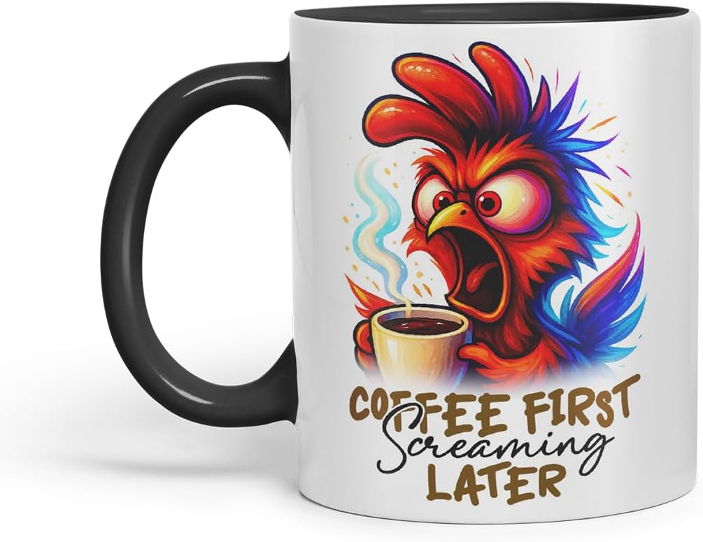 Vixar Coffee First Screaming Later Funny Chicken Mug – Coloured Ceramic Mug Cup Gift, 11oz (Black)