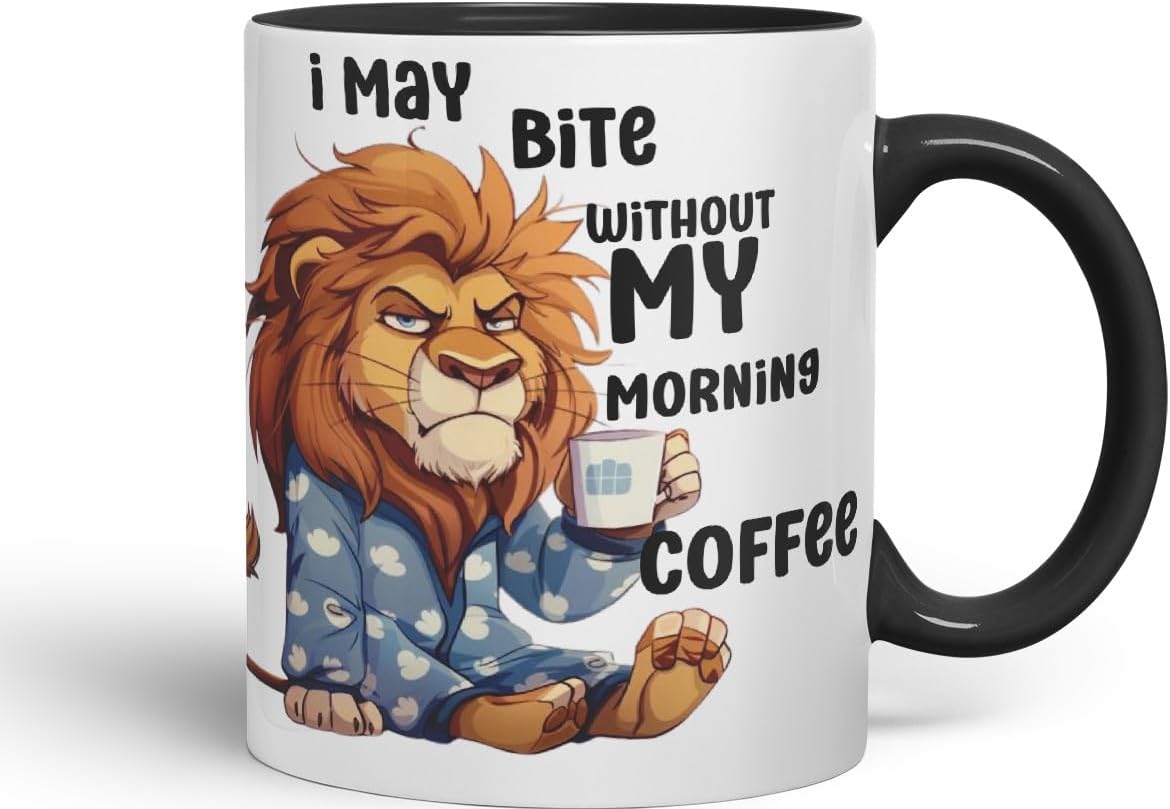 Vixar I May Bite Without My Morning Coffee Sarcastic Lion Coloured Ceramic Mug Cup Gift 11oz (Black)