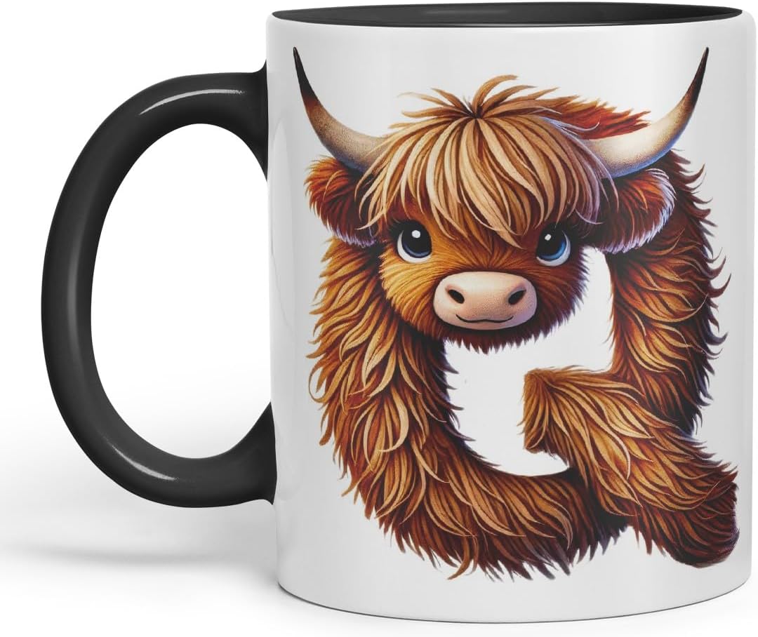 Highland Cow Alphabet Monogram Coloured Ceramic Cup Mug Letter Q Rustic Farmhouse Animal Letter Gift V2 11oz (Black)
