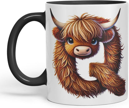 Highland Cow Alphabet Monogram Coloured Ceramic Cup Mug Letter Q Rustic Farmhouse Animal Letter Gift V2 11oz (Black)