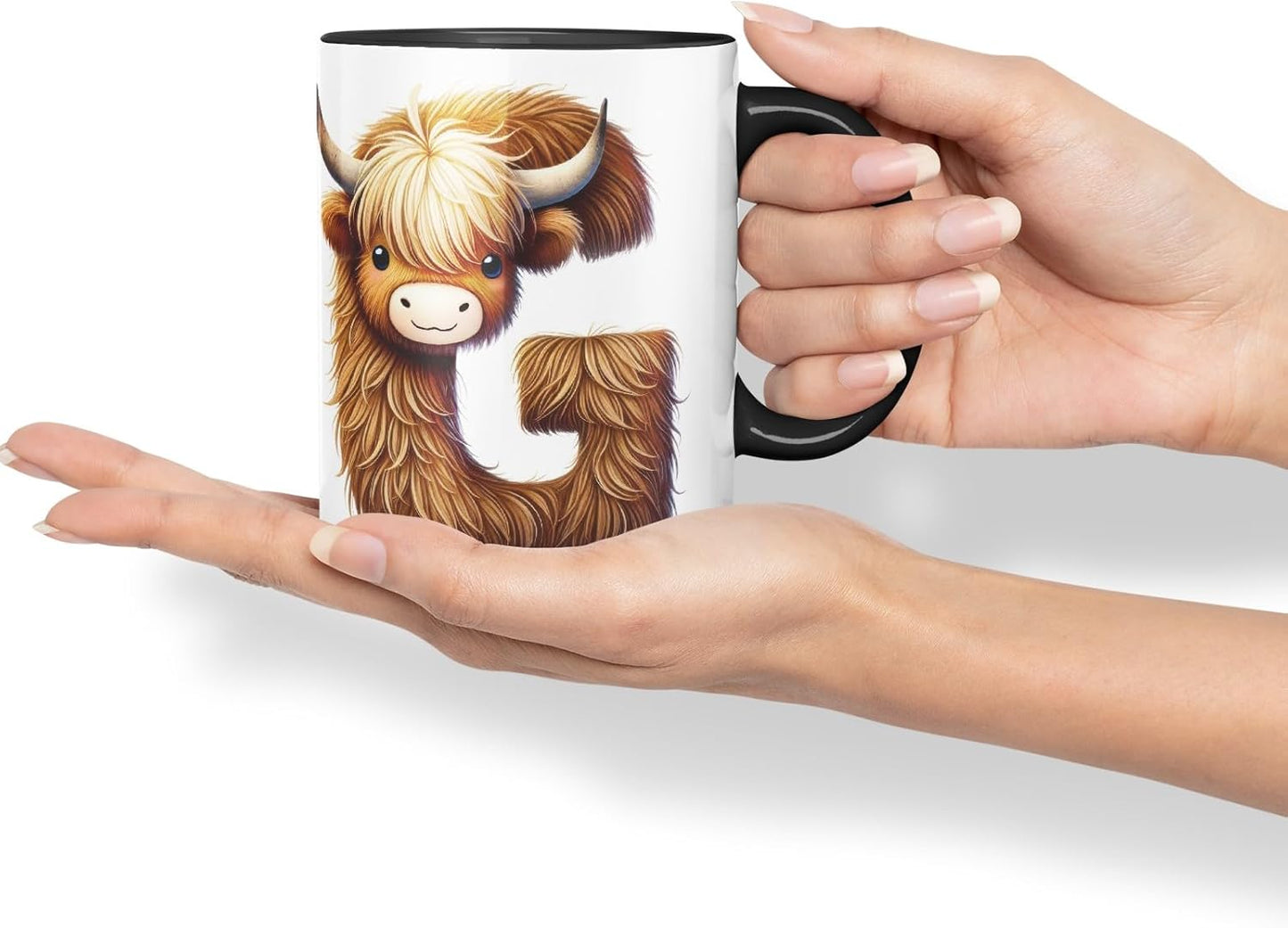 Highland Cow Alphabet Monogram Coloured Ceramic Cup Mug Letter G Rustic Farmhouse Animal Letter Gift V2 11oz (Black)