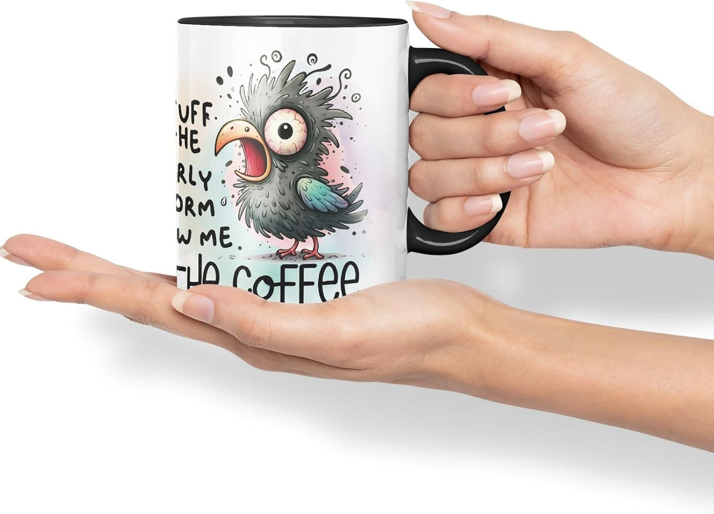 Vixar Stuff The Early Worm Show Me The Coffee Bird Coloured Ceramic Mug Cup Gift, 11oz (Black)
