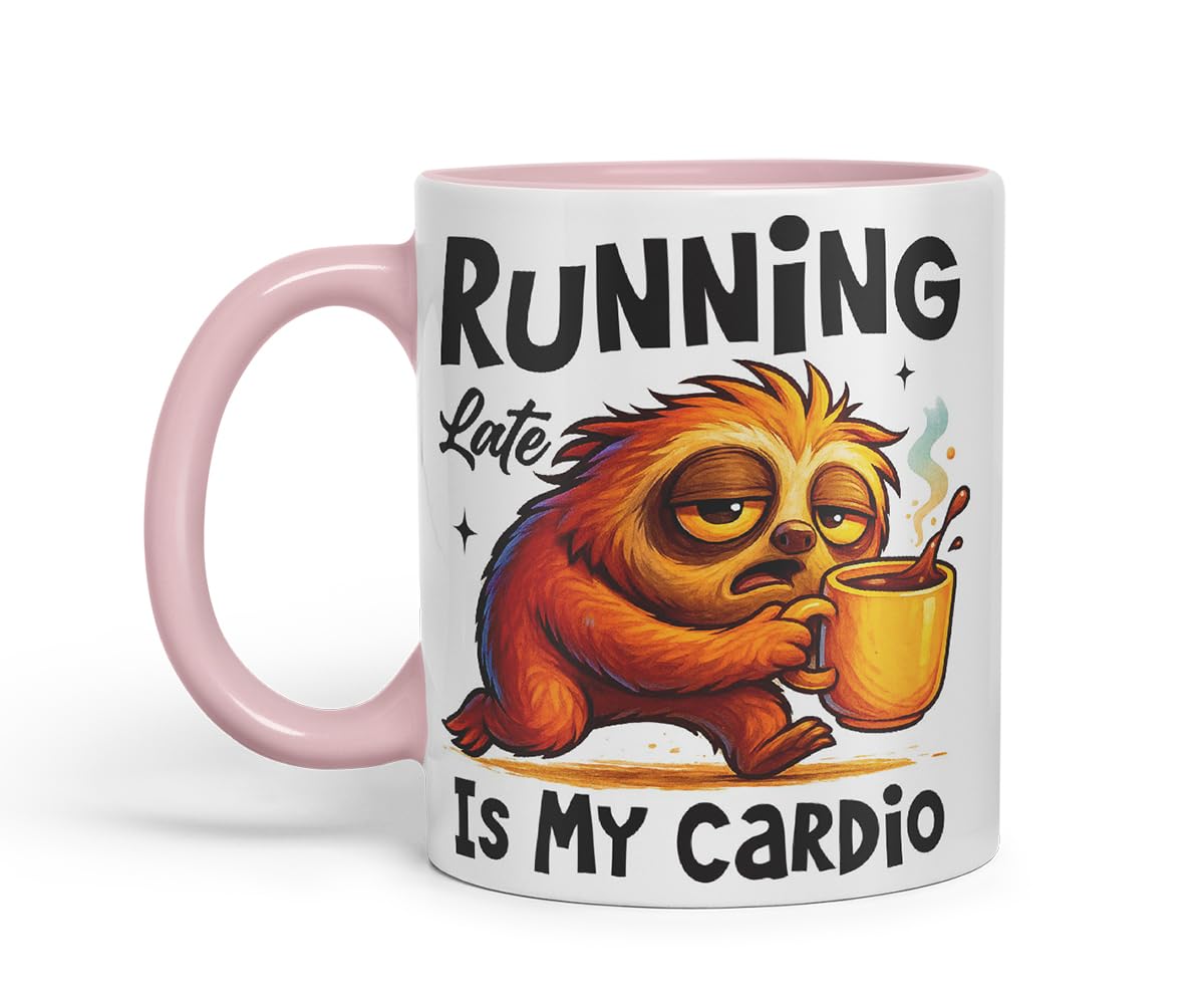 Vixar Running Late is My Cardio Funny Sloth Coffee Mug – Coloured Ceramic Mug Cup Gift, 11oz (Black)