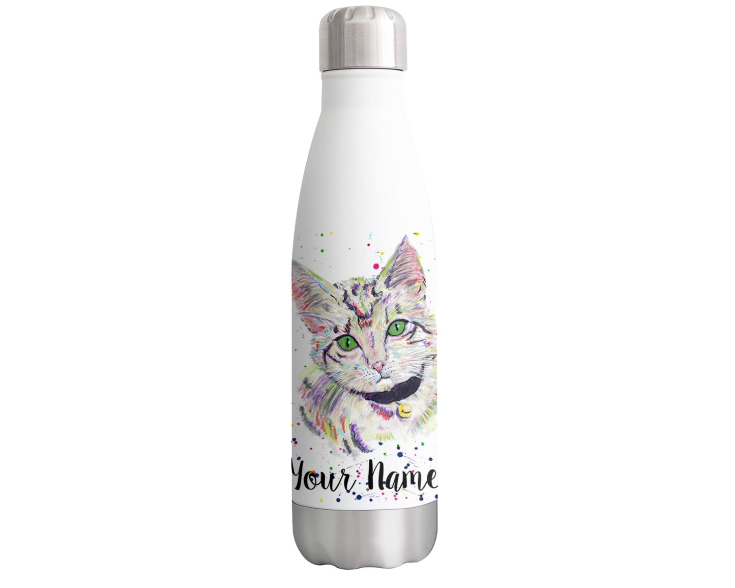 Vixar Kitten grey Personalised Custom Bottle with your Text/name Watercolour cat Animals Bottle Double Wall Insulated Stainless Steel Sport Drinks 500ml