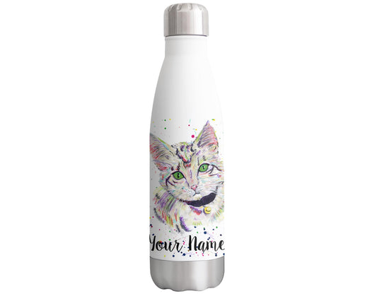 Vixar Kitten grey Personalised Custom Bottle with your Text/name Watercolour cat Animals Bottle Double Wall Insulated Stainless Steel Sport Drinks 500ml