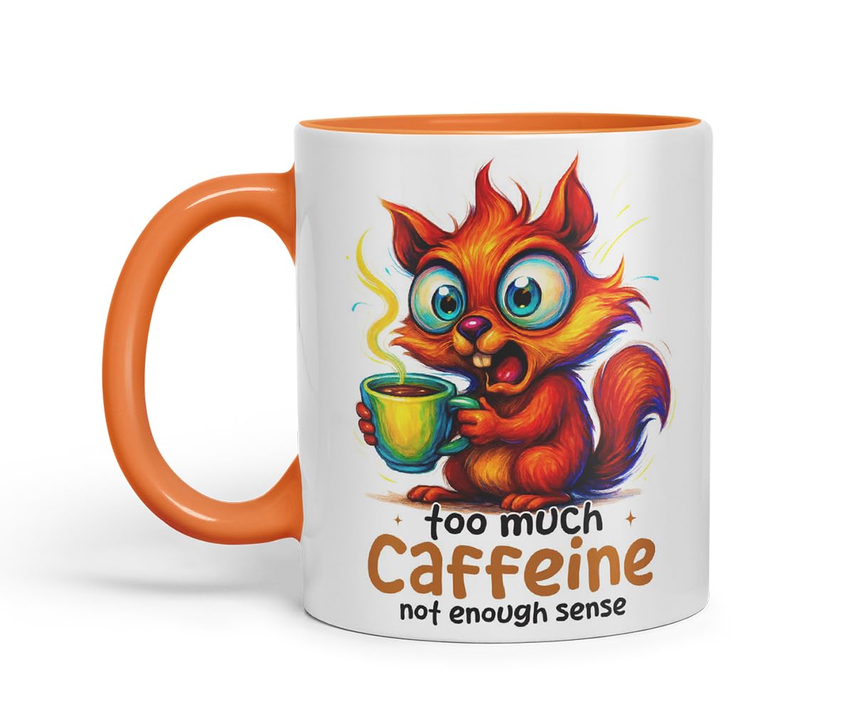 Vixar Too Much Caffeine Not Enough Sense Funny Squirrel Coffee Mug – Coloured Ceramic Mug Cup Gift, 11oz (Black)