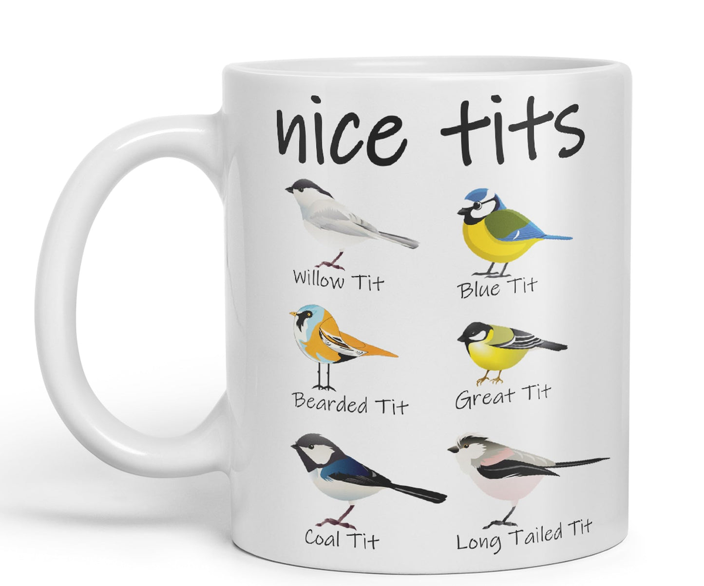 Nice Tits,Willow tit, Blue tit, Bearded tit, Great tit, Coal tit, Long Tailed tit, Sarcastic Joke Ceramic Coloured Mug Cup for Tea Coffee Hot Brew 330ml 11 OZ