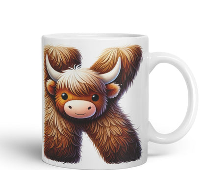 Highland Cow Alphabet Monogram Coloured Ceramic Cup Mug Letter K Rustic Farmhouse Animal Letter Gift V2 11oz (Black)