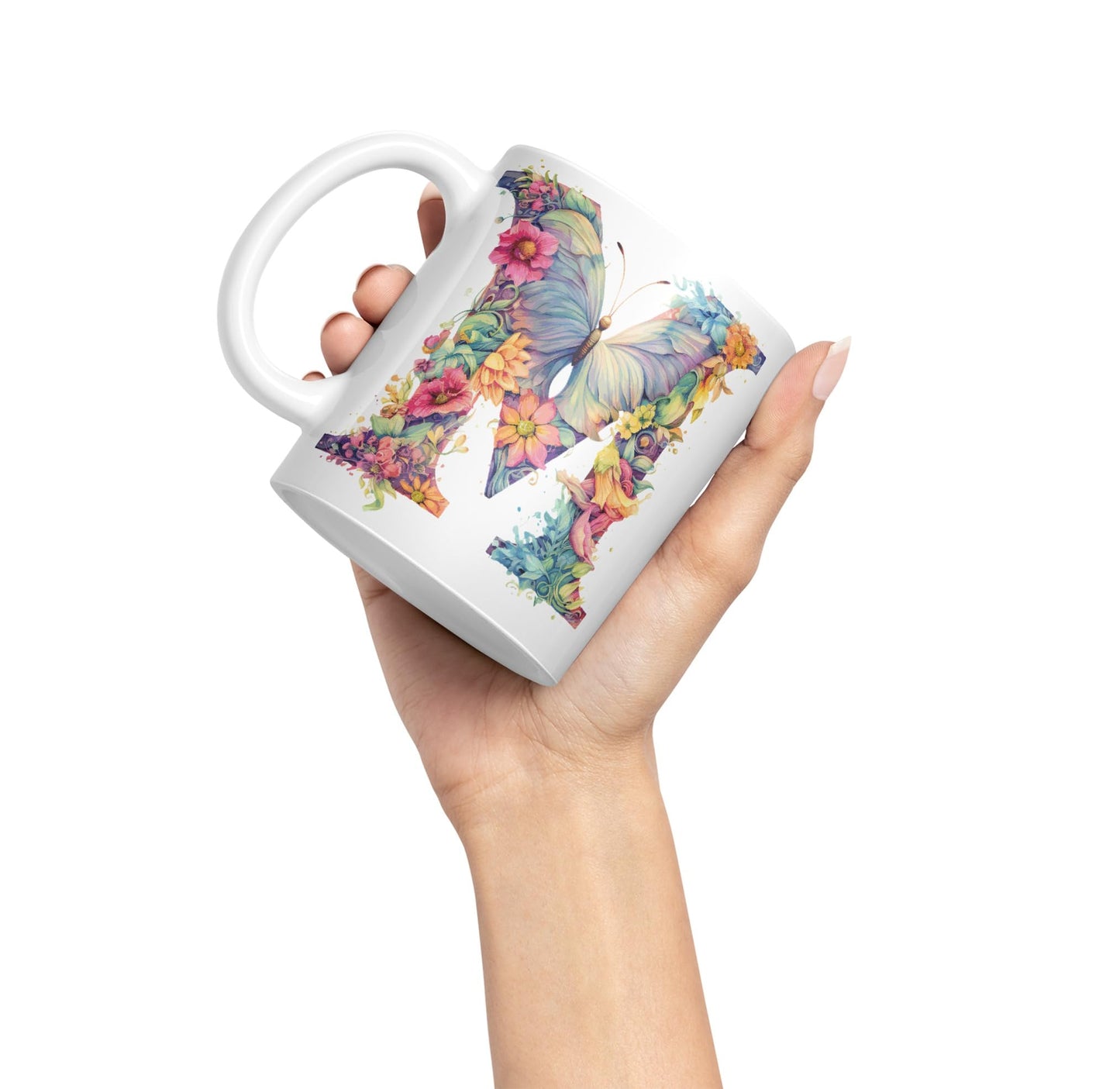 Letter M mug, Floral flowers butterfly Alphabet Letter M Monogram watercolour Ceramic Coloured Mug Cup for Tea Coffee Hot brew 330ml 11Oz Gift