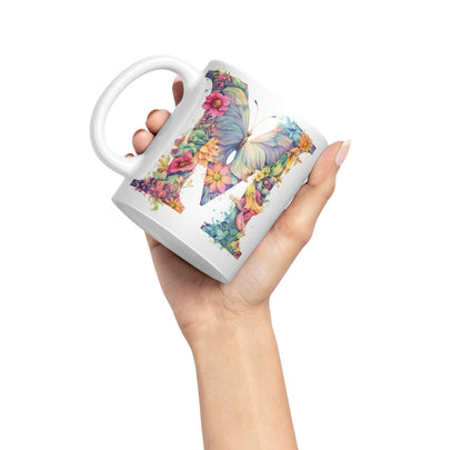 Letter M mug, Floral flowers butterfly Alphabet Letter M Monogram watercolour Ceramic Coloured Mug Cup for Tea Coffee Hot brew 330ml 11Oz Gift