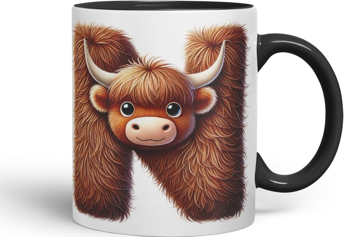 Highland Cow Alphabet Monogram Coloured Ceramic Cup Mug Letter N Rustic Farmhouse Animal Letter Gift V2 11oz (Black)