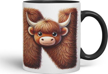 Highland Cow Alphabet Monogram Coloured Ceramic Cup Mug Letter N Rustic Farmhouse Animal Letter Gift V2 11oz (Black)