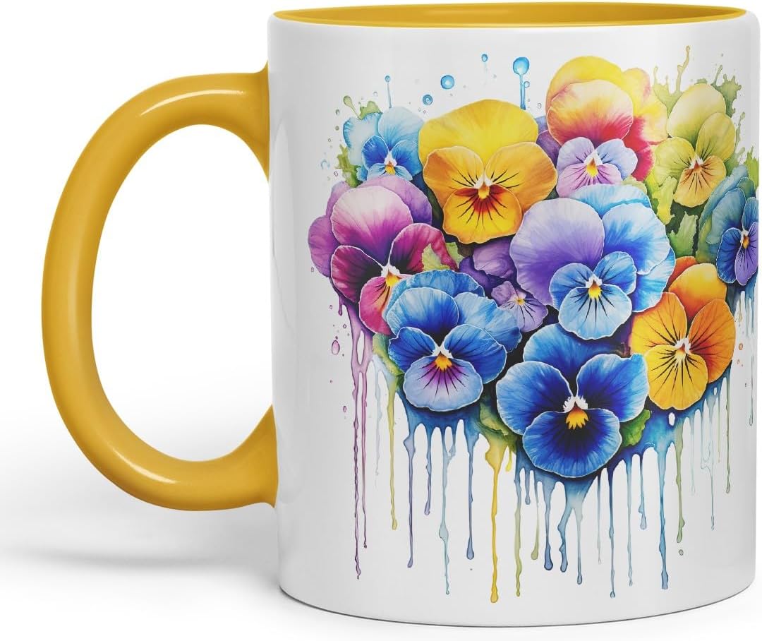 Vixar Pansy Cottage Garden Mug Coloured Ceramic Mug Cup Gift, 11oz (Gold Yellow)
