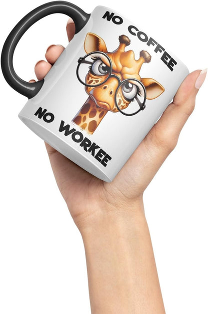 Vixar No Coffee No Workee Sarcastic Giraffe Mug, Coloured Ceramic Cup 11oz (Black)