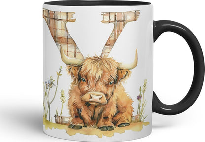 Vixar Highland Cow Alphabet Monogram Coloured Ceramic Cup Mug – Letter Y – Rustic Farmhouse Animal Letter Gift – 11oz (Black)