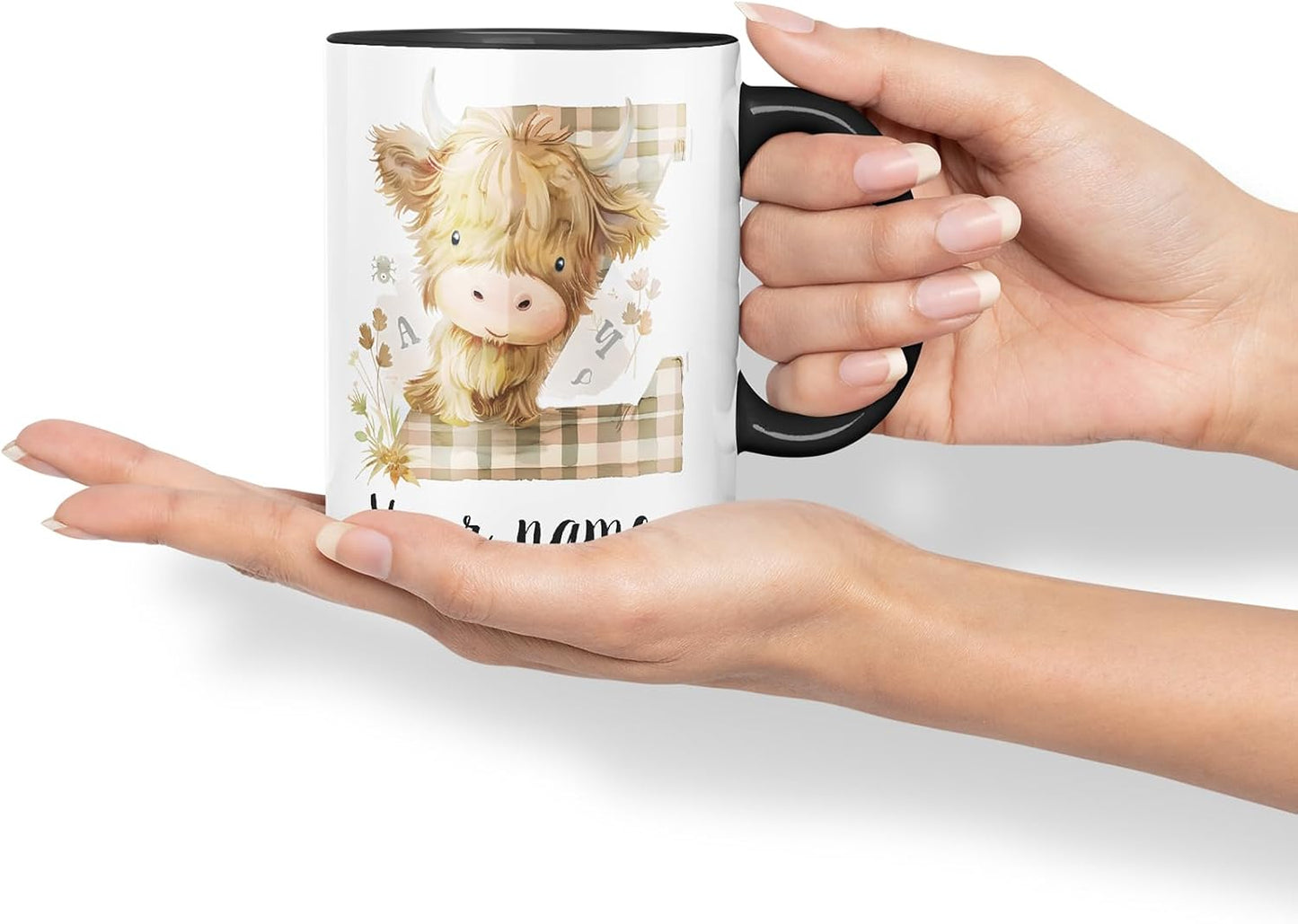 Vixar Personalised Highland Cow Initial Letter Z Custom Name Mug – Coloured Ceramic Mug Cup Gift, 11oz (Black)