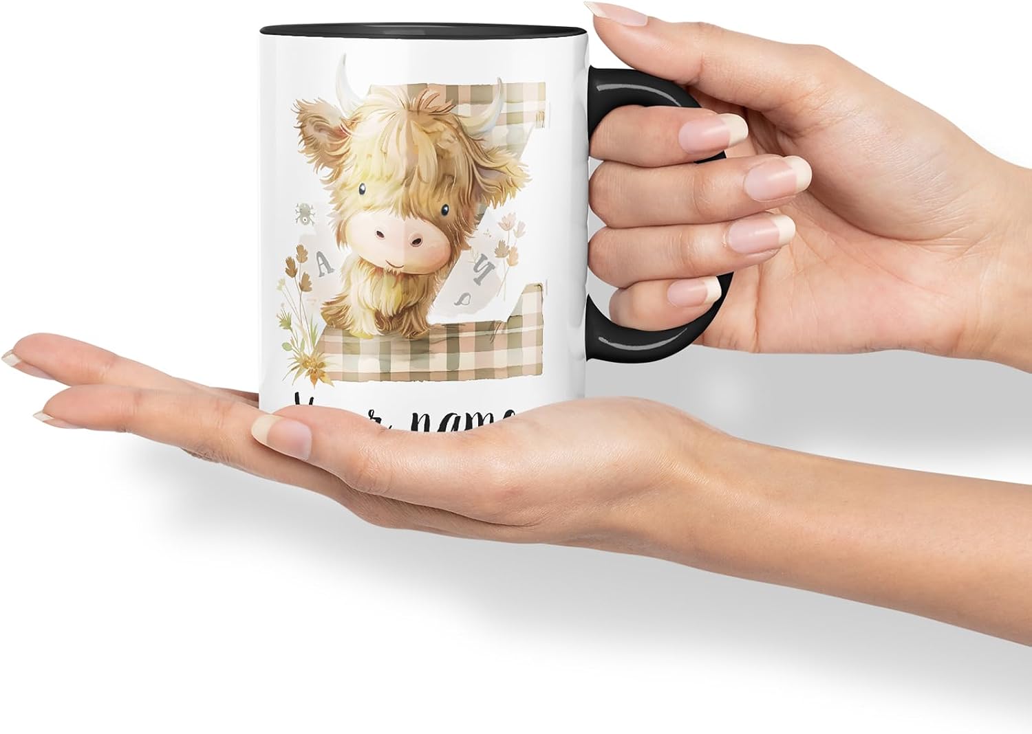 Vixar Personalised Highland Cow Initial Letter Z Custom Name Mug – Coloured Ceramic Mug Cup Gift, 11oz (Black)