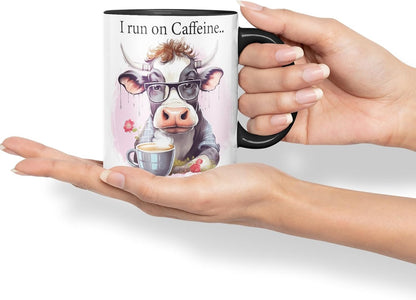 Vixar I Run on Caffeine Cows & Cu.. Words Coloured Ceramic Mug Cup Gift, 11oz (Black)