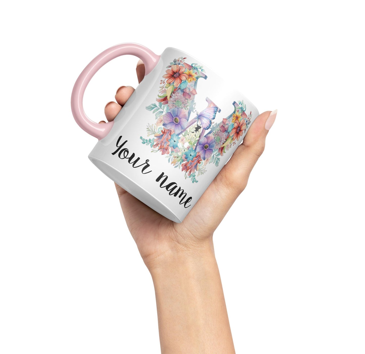 Personalised Letter W mug, Customized Custom Floral flowers butterfly Alphabet Letter W Monogram watercolour Ceramic Coloured Mug Cup for Tea Coffee Hot brew 330ml 11Oz Gift