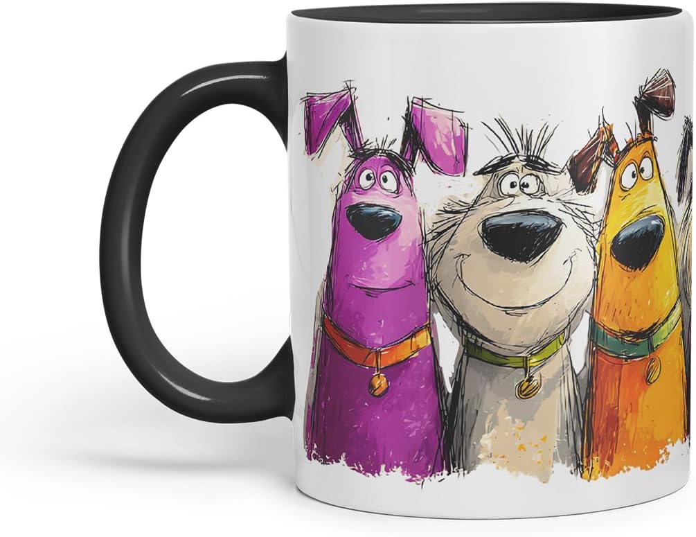 Vixar Funny Colourful Pet Dog Friends Design – Cute Dog Character Mug for Dog Lovers, Coloured Mug Cup Gift, 11oz (Black)