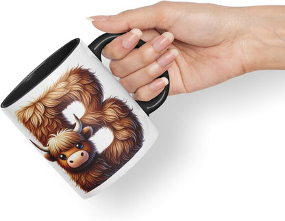 Highland Cow Alphabet Monogram Coloured Ceramic Cup Mug Letter B Rustic Farmhouse Animal Letter Gift V2 11oz (Black)