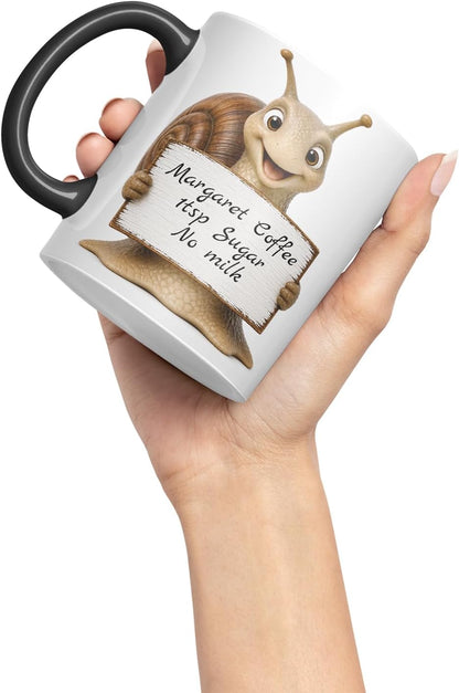Vixar Personalised Snail Mug with Name or Custom Message – Cute Animal Coloured Ceramic Mug Cup Gift, 11oz (Black)