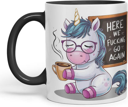 Vixar Here We F*cking Go Again – Coloured Ceramic Mug Cup Gift, 11oz (Black)