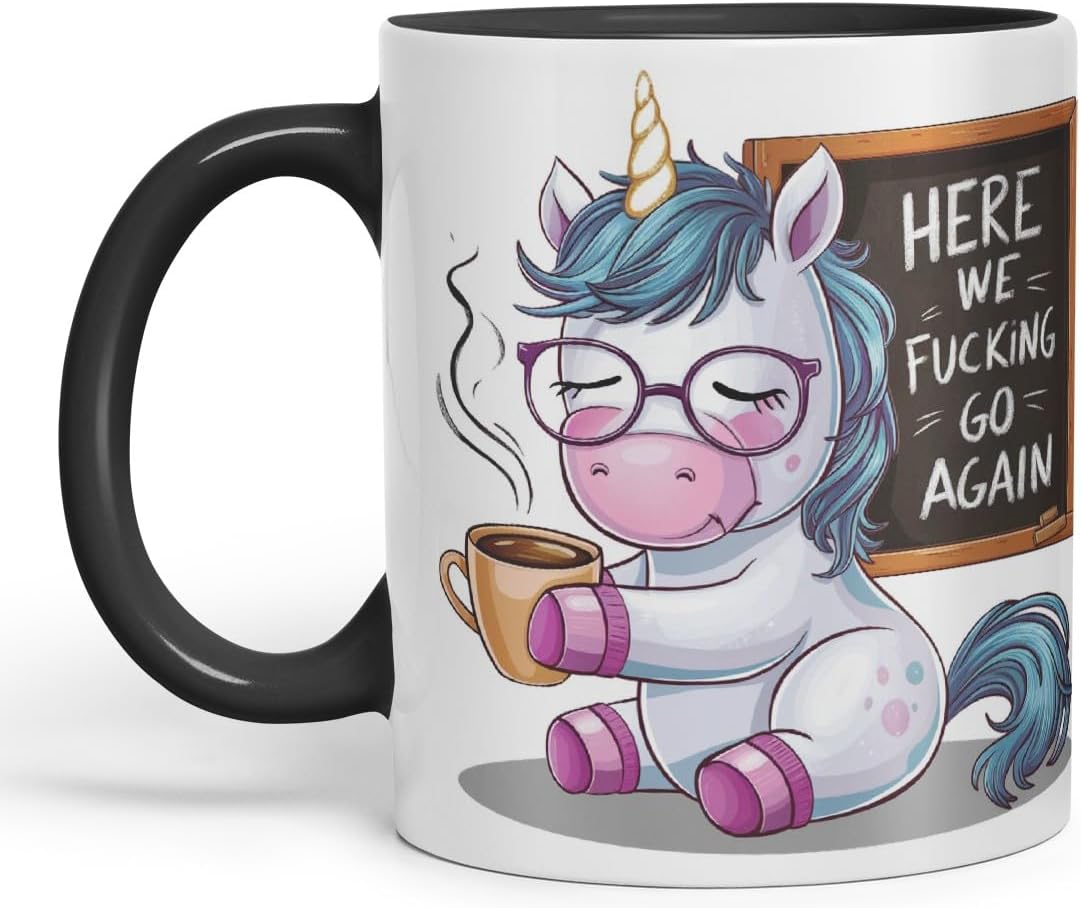 Vixar Here We F*cking Go Again – Coloured Ceramic Mug Cup Gift, 11oz (Black)