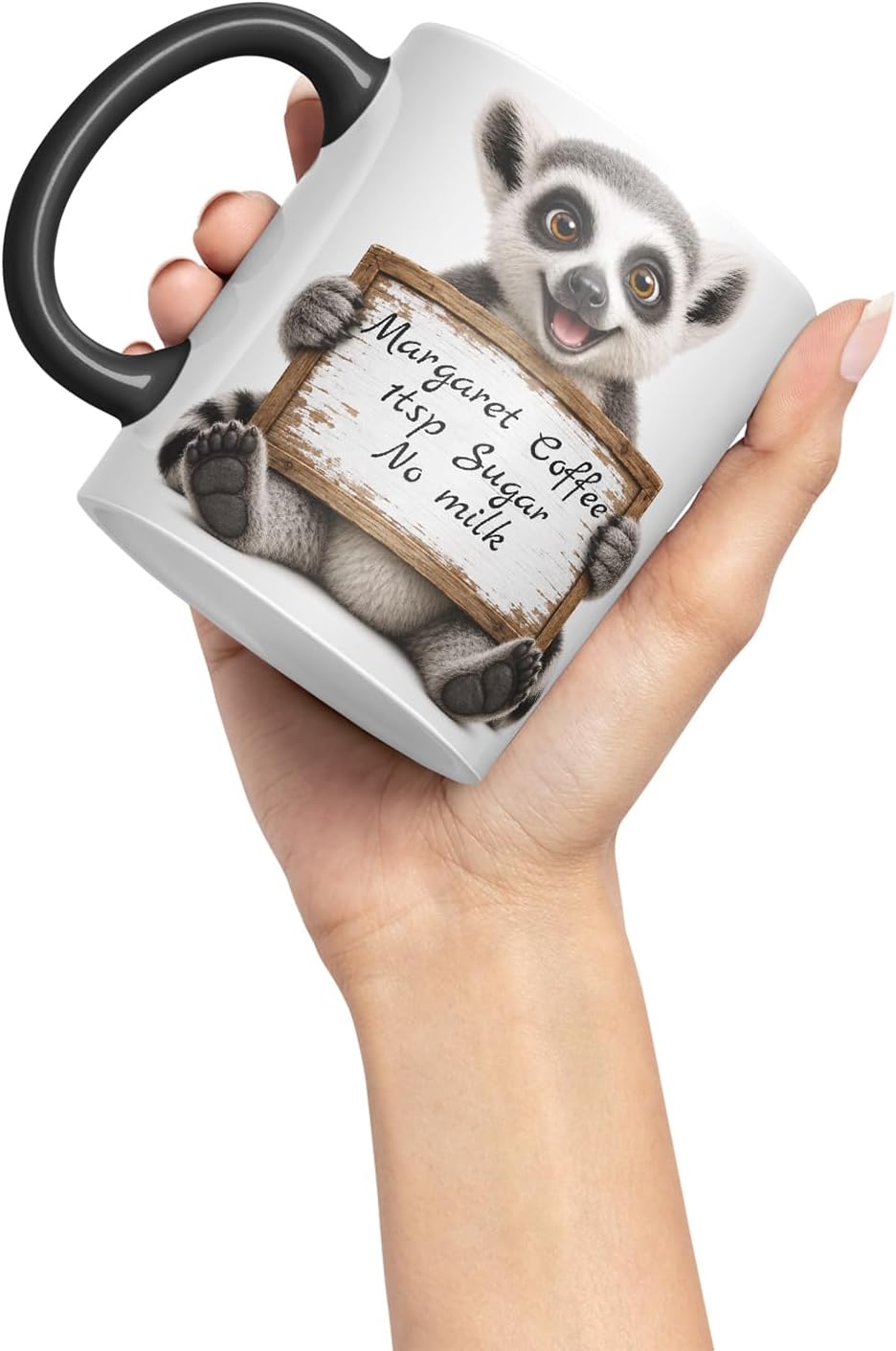 Vixar Personalised Lemur Mug with Name or Custom Message – Cute Animal Coloured Ceramic Mug Cup Gift, 11oz (Black)