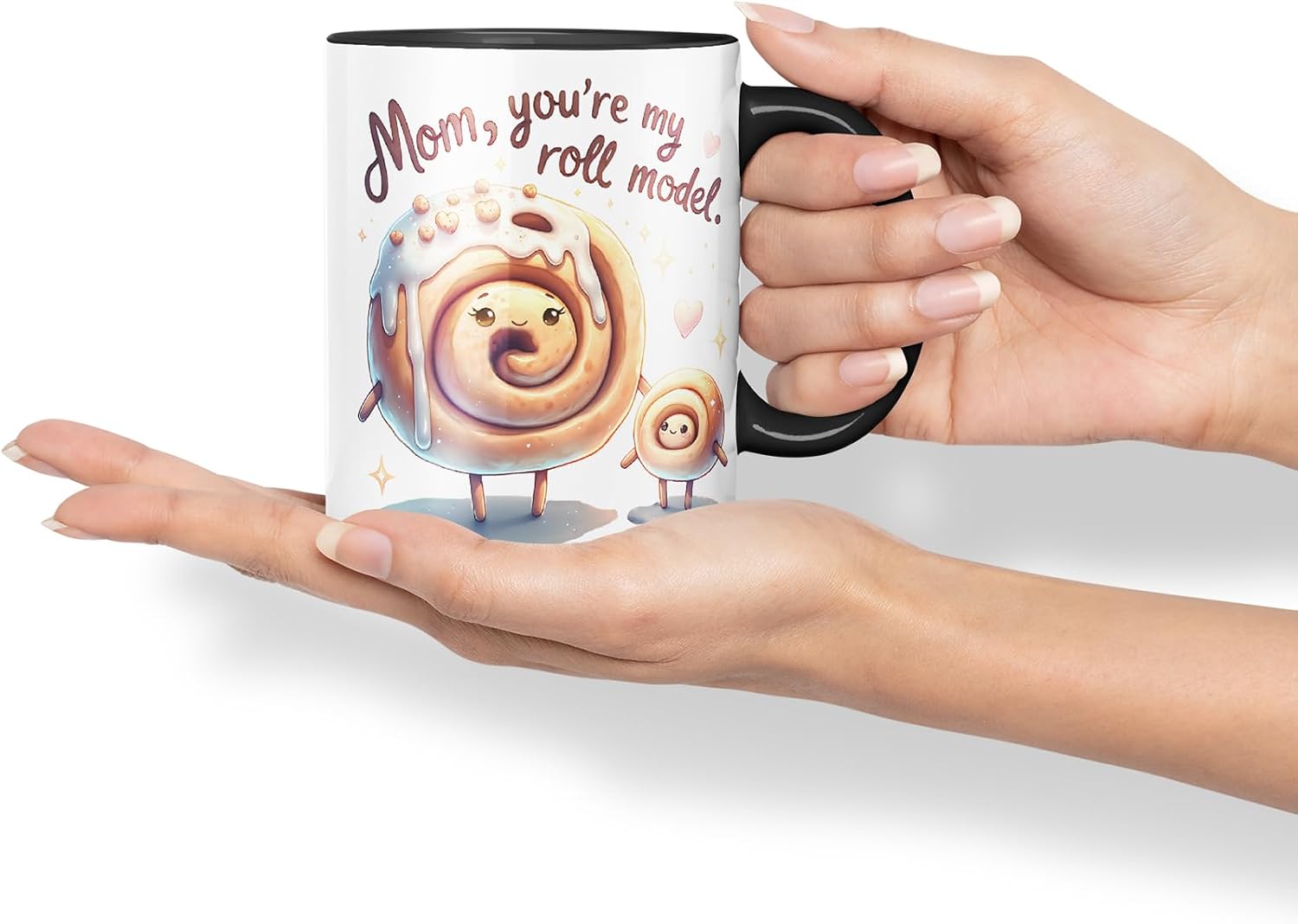 Vixar Mom You're My Roll Model Funny Cinnamon Roll Mother Mum Mug – Coloured Ceramic Mug Cup Gift, 11oz (Black)