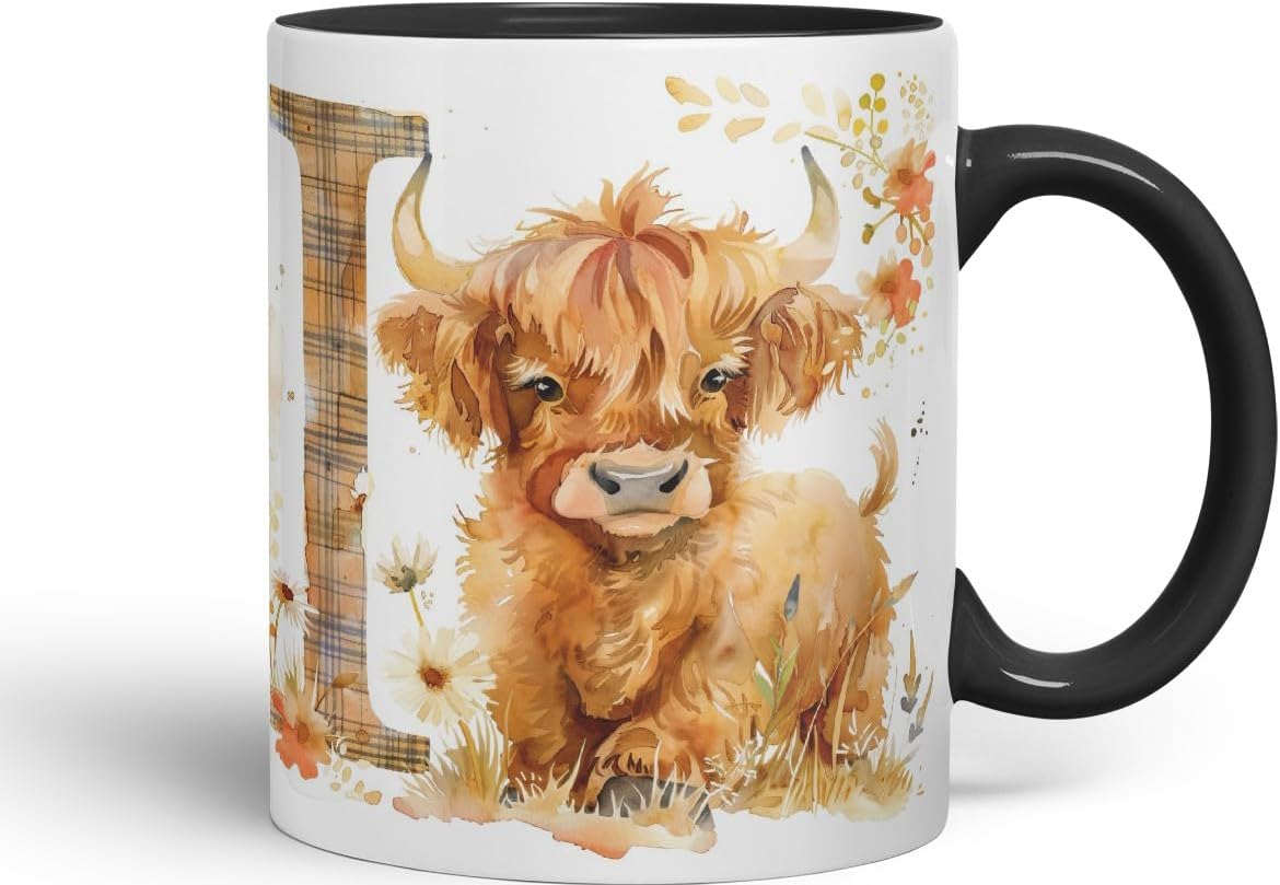 Vixar Highland Cow Alphabet Monogram Coloured Ceramic Cup Mug – Letter I – Rustic Farmhouse Animal Letter Gift – 11oz (Black)