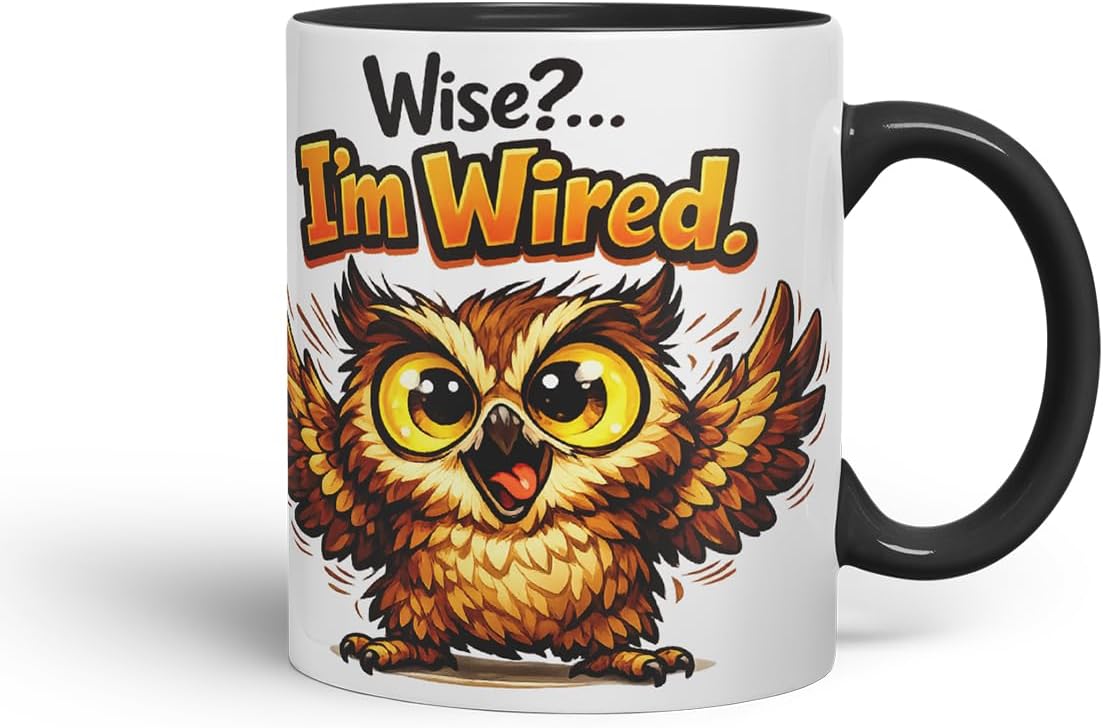 Vixar Wise I'm Wired Funny Owl Mug – Coloured Ceramic Mug Cup Gift, 11oz (Black)