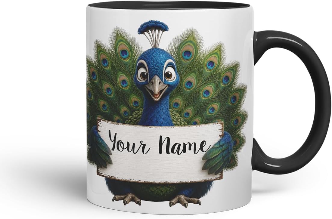 Vixar Personalised Peacock Mug with Name or Custom Message – Cute Animal Coloured Ceramic Mug Cup Gift, 11oz (Black)