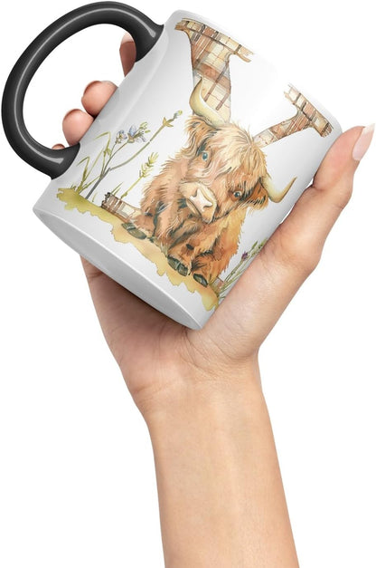 Vixar Highland Cow Alphabet Monogram Coloured Ceramic Cup Mug – Letter Y – Rustic Farmhouse Animal Letter Gift – 11oz (Black)