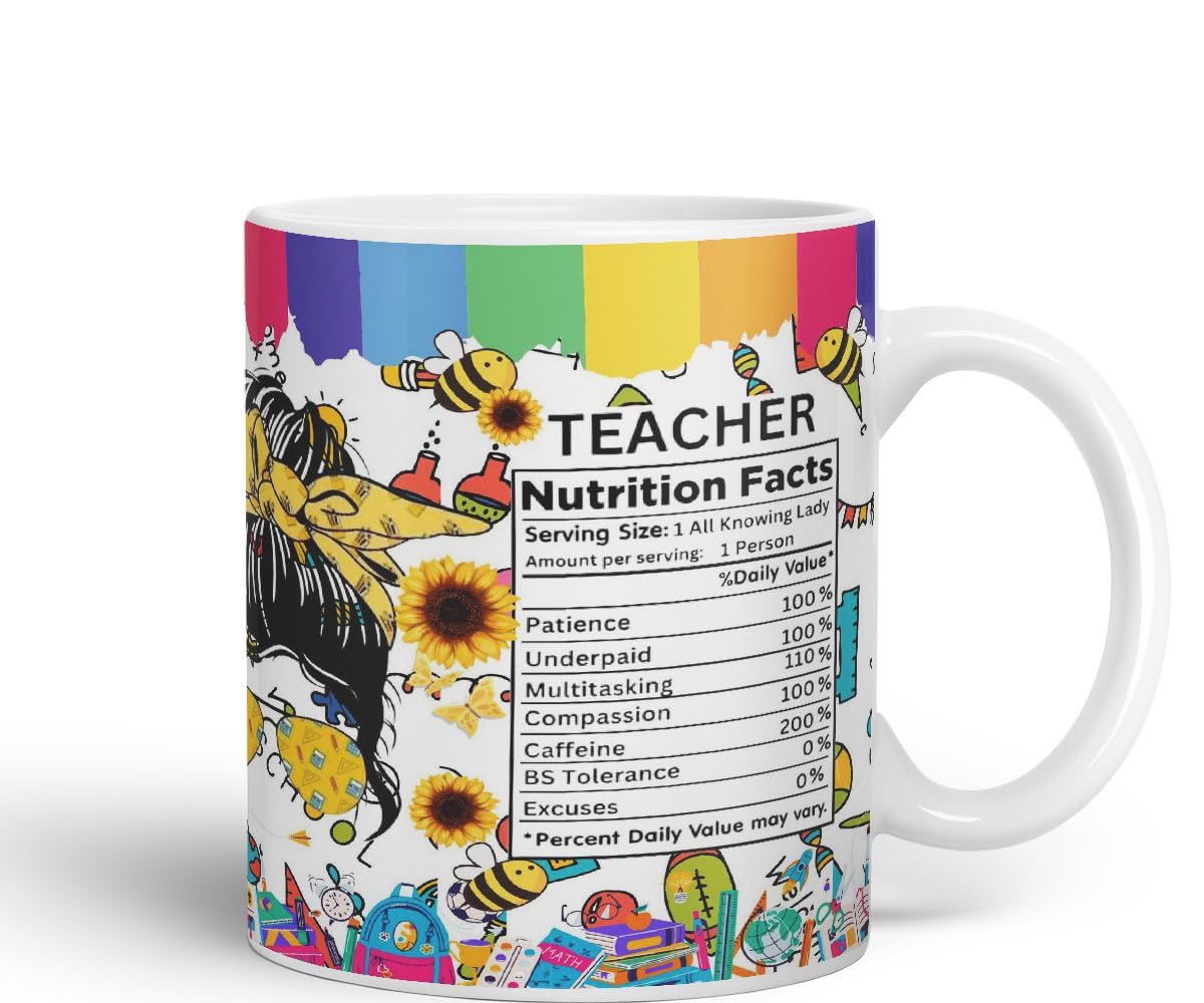 Vixar Teacher Nutrition Facts #teacherlife Mug Thank You, End of School Gift Ceramic Coloured Mug Cup for Tea Coffee Hot Brew 330ml 11Oz Gift TF2