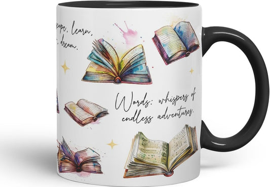 Vixar Books: Fuel for Soul’s Flight/Library: Gateway to Boundless Imagination Coloured Ceramic Mug Cup Gift, 11oz (Black)